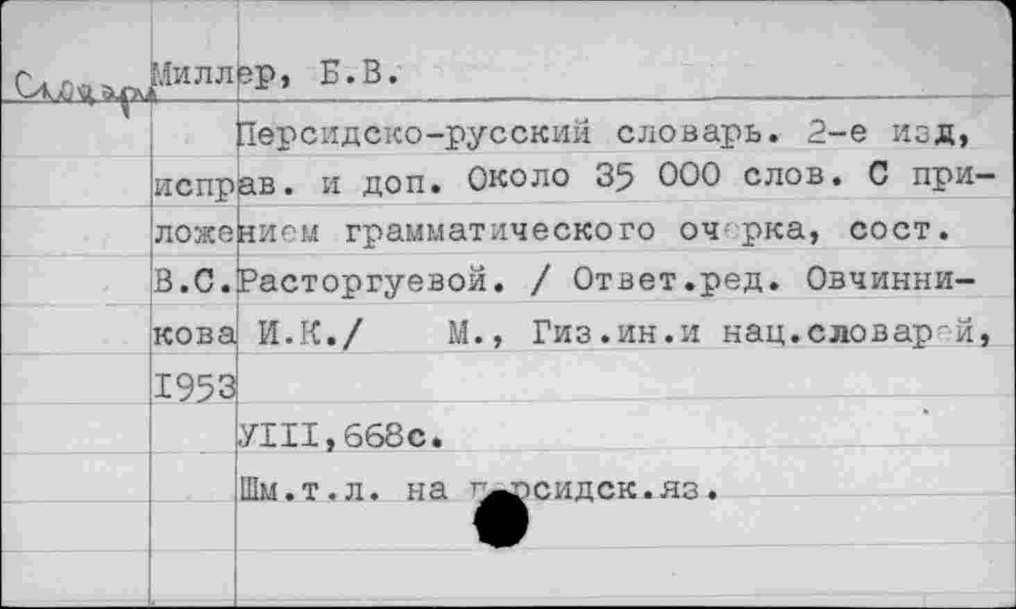 ﻿Б-в-			
		Персидско-русский словарь. 2-е изд,
	и с пр	ав. и доп. Около 35 000 слов. С при-
	ложе	яием грамматического очерка, сост.
	В.С.	Расторгуевой. / Ответ.ред. Овчинни-
	кова	И.К./	М., Гиз.ин.и нац.словарей,
	1953	
		УШ, 668с.
		
		Шм.т.л. на ^рсидск.яз•
		